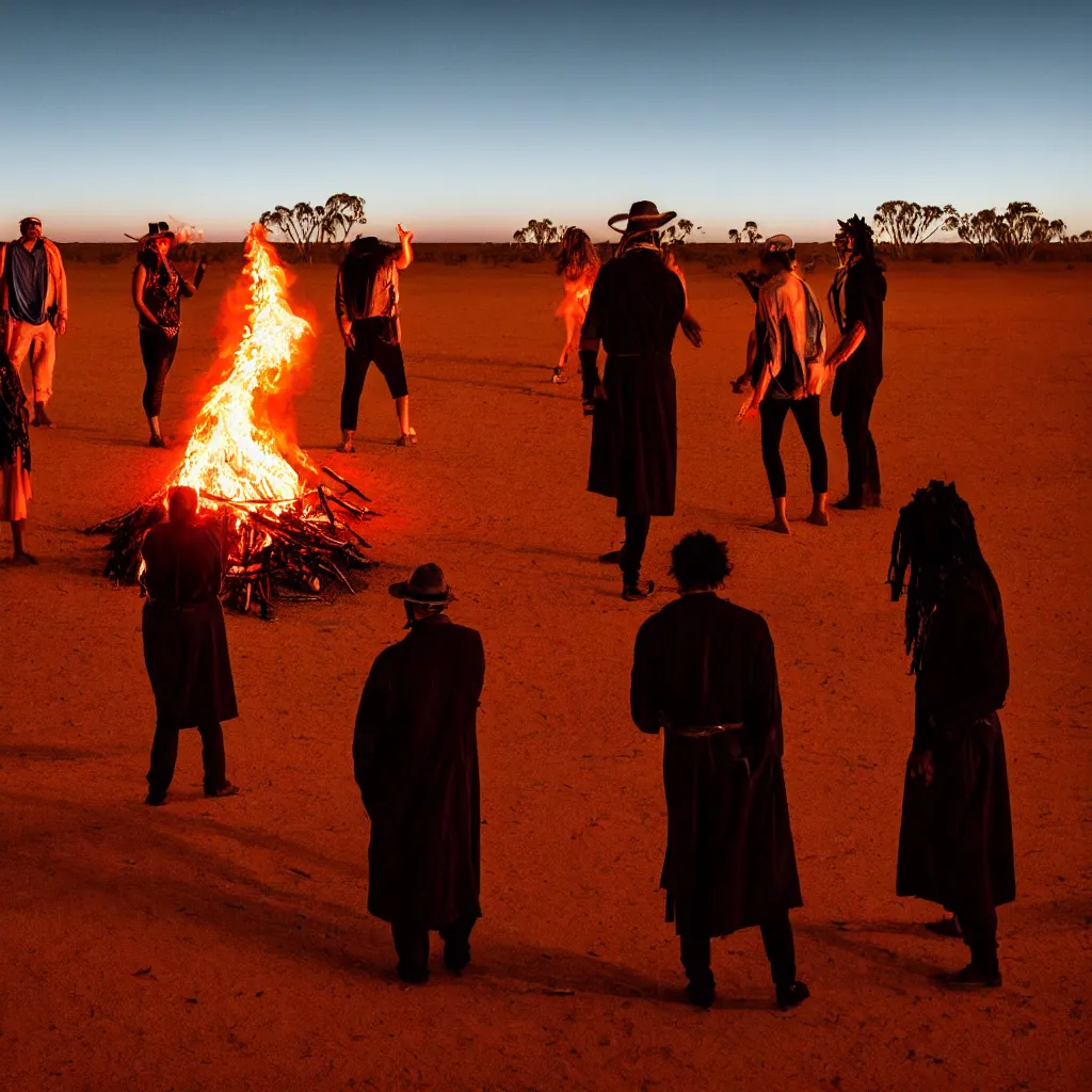 Prompt: atmospheric photograph of three ravers, two men, one woman, woman is in a trenchcoat, blessing the soil at night, seen from behind, fire circle, two aboriginal elders, dancefloor kismet, diverse costumes, clean composition, desert transition area, bonfire, atmospheric night, australian desert, symmetry, sony a 7 r