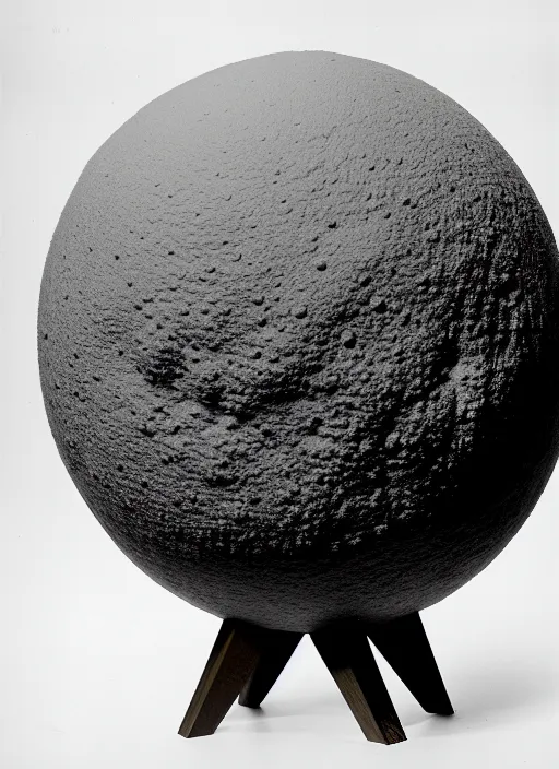 Image similar to realistic photo of a scientific model of an ugly rough fluffy hairy molecule globe made of black clay covered with white dots with wooden details, front view 1 9 9 0, life magazine reportage photo, metropolitan museum photo