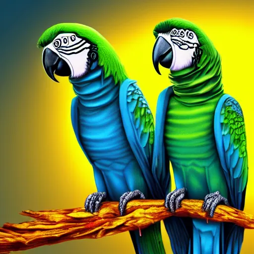 Prompt: parrots dressed in rapper clothes, sitting on golden trees, rap scene, trending on artstation, highly detailed, digital art, 8 k