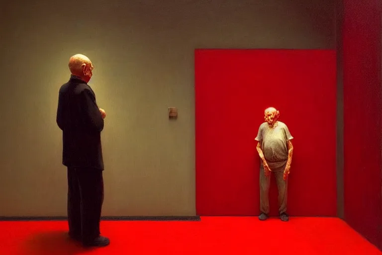 Image similar to only with red, a red old man try to sell a portrait, cheering crowd, in the style of beksinski, parts by edward hopper, parts by rodcenko, parts by yue minjun, intricate and epic composition, red by caravaggio, insanely quality, highly detailed, masterpiece, red light, artstation, 4 k