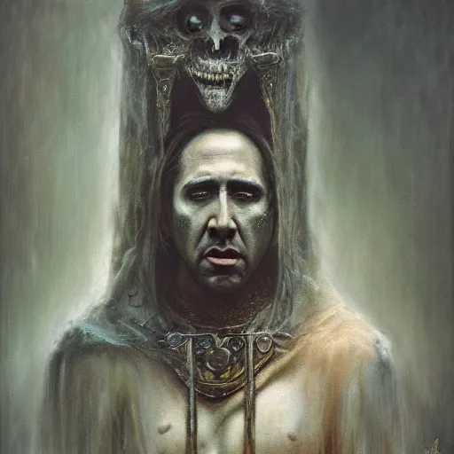 Prompt: Nicolas Cage as god of chaos in a hood dark fantasy, intricate, smooth, artstation, painted by zdislav beksinski