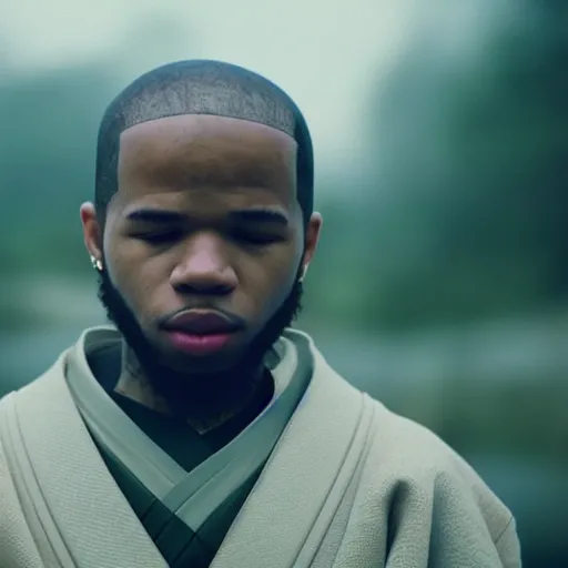 Prompt: cinematic film still of Tory Lanez starring as a Samurai holding fire, Japanese CGI, VFX, 2003, 400mm lens, f1.8, shallow depth of field,film photography