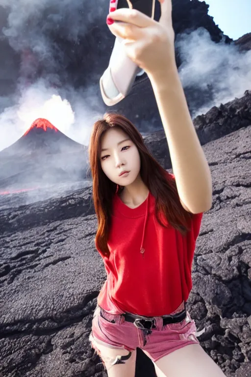 Prompt: female kpop model taking a selfie in front of an active volcano with lava, eruption, trending on Twitter, cinematic, hair blowing in the wind, Korean woman, makeup, unbelievable photo, selca, asia, hawaii, asian, 20’s, young woman, beautiful photography, k-pop, high quality, flames and ash, what the, famous photo, red sky, unbothered