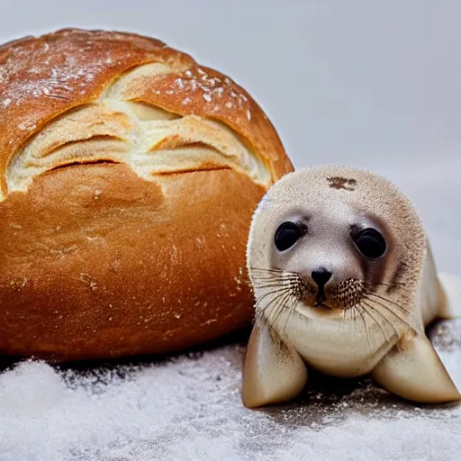 Prompt: baby seal disguised as a loaf of bread, hiding in a bakery, photo, detailed, 4k