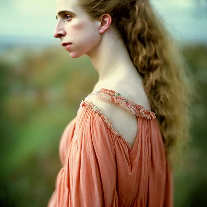 Image similar to Kodak Portra 400, 8K, soft light, volumetric lighting, highly detailed, brit marling style 3/4 ,portrait photo of a beautiful woman how pre-Raphaelites painter, n long elegant intricate ornamental ethereal coral and shells dress, natural skin tone, highly detailed realistic flowers ornament in the upper side of breast, bust with a long beautiful neck , long dark hair are intricate with highly detailed realistic coral and shells, elegant, Realistic, Refined, Highly Detailed, natural outdoor soft pastel lighting colors scheme, outdoor fine art photography, Hyper realistic, photo realistic