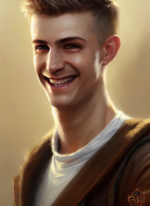 Image similar to a _ fantasy _ style _ portrait _ painting _ of white male short fringe light brown hair short face grinning clean shaven short head, rpg dnd oil _ painting _ unreal _ 5 _ daz. _ rpg _ portrait _ extremely _ detailed _ artgerm _ greg _ rutkowski _ greg