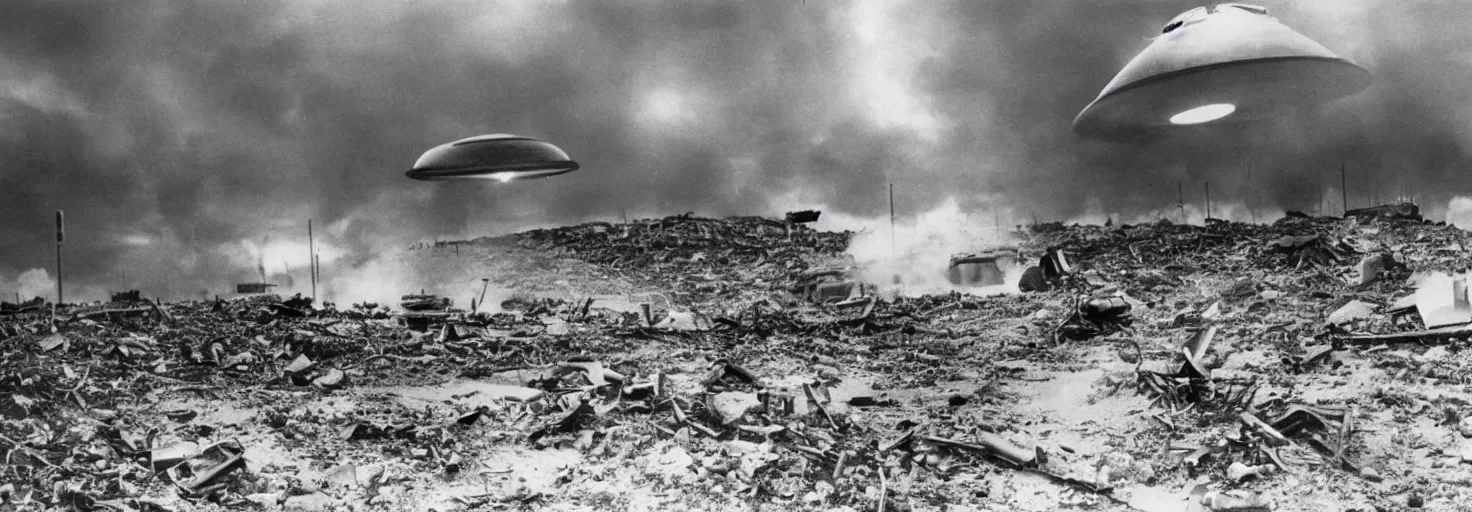 Prompt: Invasion of an alien life form in Germany, black and white photography, World War II, destruction, ufo, flying saucers, laser weapons, outerspace, technology