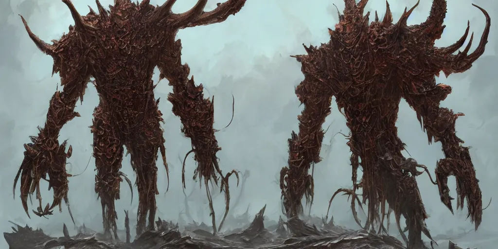 Image similar to Rusted copper four armed colossus, character design sheet, Monster Hunter Illustrations art book, giant, trees growing on its body, enormous hands, long limbs, horns on its head, bright pale blue eyes, Moebius, Greg Rutkowski, Zabrocki, Karlkka, Jayison Devadas, Phuoc Quan, trending on Artstation, 8K, ultra wide angle, zenith view, pincushion lens effect.