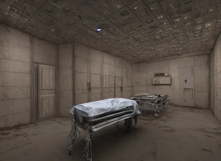 Image similar to a highly realistic interior structure morgue laboratory with a dead alien autopsy on table, highly detailed sculpture, anatomical, overhead lights, ommatidia, aliencore, post - processing, intricate detailed, highly realistic, 4 k, cinematic view, unreal engine rendering, 8 k, modern photography by wayne barlowe, clive barker