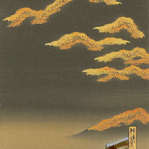 Prompt: japanes painting of a landscape by kano sanraku, gold