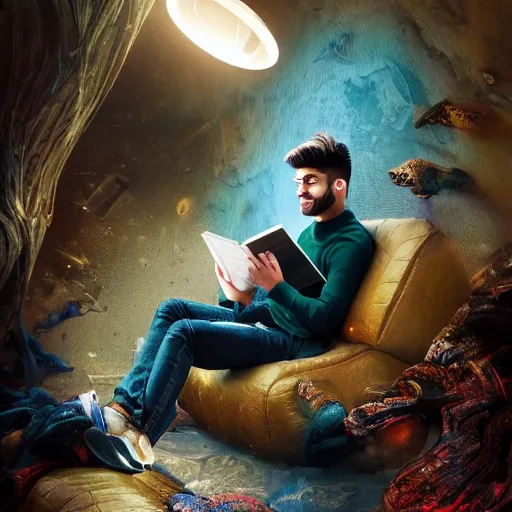 Image similar to Zayn reading a book sitting on top of a planet + Cinematic Lighting + Deep Shadows + Hyper Realistic + Hyper Maximalist + Maximalist Composition + Intricate Details + Rendered in Octane + Trending on Artstation + Hall of Fame on Cgsociety + 8K portrait + 8k Post-Processing Highly Detailed + Rendered by Octane Engine + 8K Artstation 8k Detail Post Processing + Octane Render