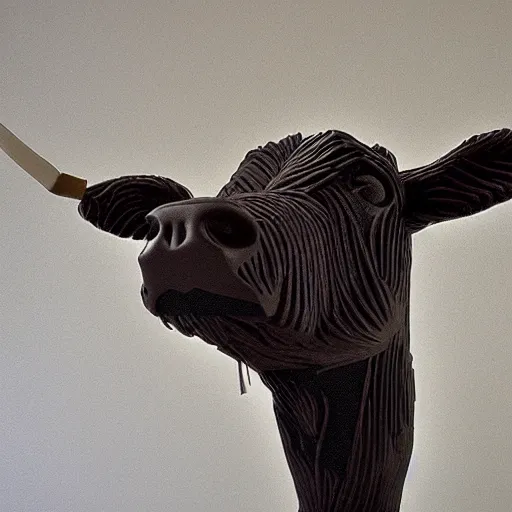 Image similar to A photorealistic sculpture of a cow made from matches