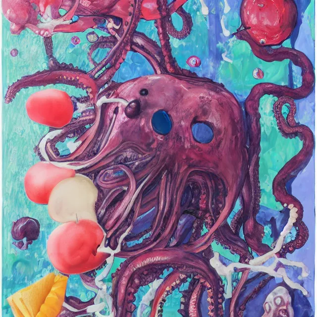 Image similar to portrait of a female art student falling asleep, scientific research, crashcart, x - ray, sensual, blossom, squashed berries dripping, octopus, candlelight, neo - impressionist, surrealism, acrylic and spray paint and oilstick on canvas