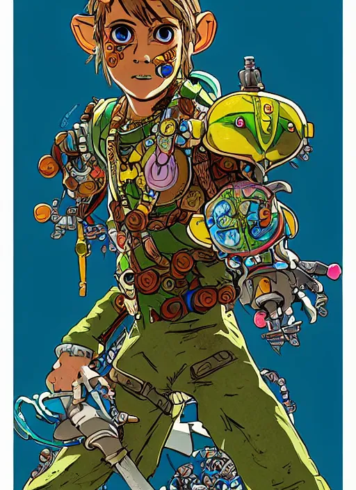 Prompt: biopunk majoras mask link from zelda!! portrait illustration, pop art, splash painting, art by geof darrow, ashley wood, alphonse mucha, makoto shinkai