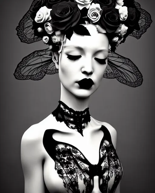 Prompt: dreamy surreal poetic black and white 3D render of a beautiful young porcelain female-cyborg-vegetal with a very long neck and a super big gothic lace collar filled with dead flies and a very high big floral crown with many black dry roses:: smoke, high fashion, haute couture, rococo, avant-garde, elegant, dreamy, hyper realistic, 150 mm lens, soft rim light, octane render, unreal engine, volumetric lighting, dramatic light,8k,