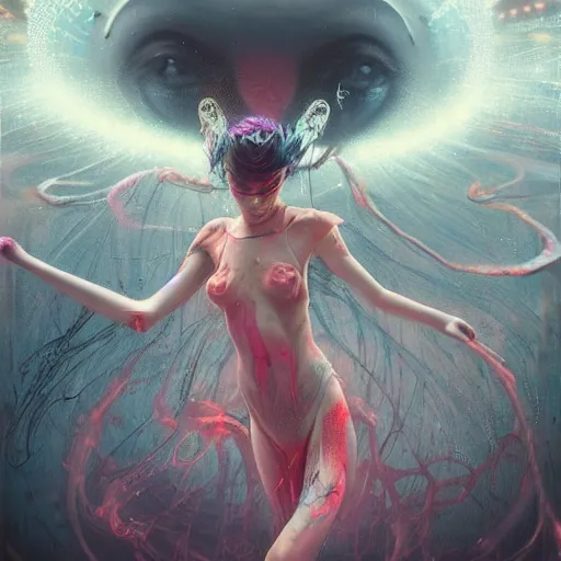 Image similar to rave girl dancing art by wagner kuroiwa tristan eaton, stanley artgermm, tom bagshaw, greg rutkowski, carne griffiths, ayami kojima, beksinski, giger, trending on deviantart, photorealistic, vray, hdr, hyper detailed, dramatic lighting, octane render, weta digital, 3 d sculpture