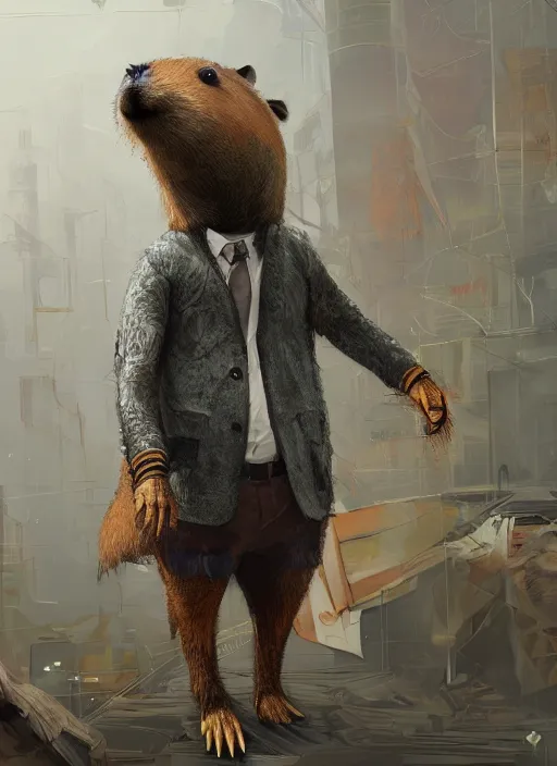 Image similar to detailed full body concept art illustration oil painting of an anthropomorphic capybara office manager in full intricate clothing, biomutant, dystopian, ultra detailed, digital art, octane render