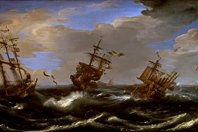 Image similar to A Kraken attacks a ship, Claude Lorrain (1648), oil on canvas, detailed brushstrokes