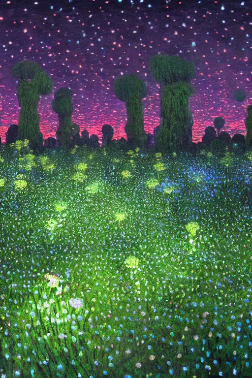 Prompt: a field of bioluminescent flowers surrounded by topiaries on a starlit night by Philipp A Urlich and Monet, trending on artstation, artstationHD, artstationHQ, 4k, 8k