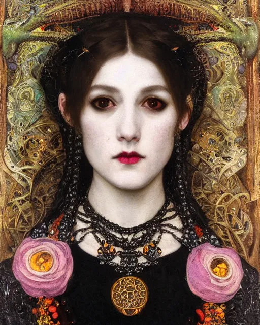 Prompt: a close up of beautiful gothic girl with black lipstick wearing a intricate necklace surrounded by colourful intricate patterns, by edgar maxence and caravaggio and michael whelan, intricate painting, hyper realistic, extremely detailed and beautiful aesthetic face, 8 k resolution