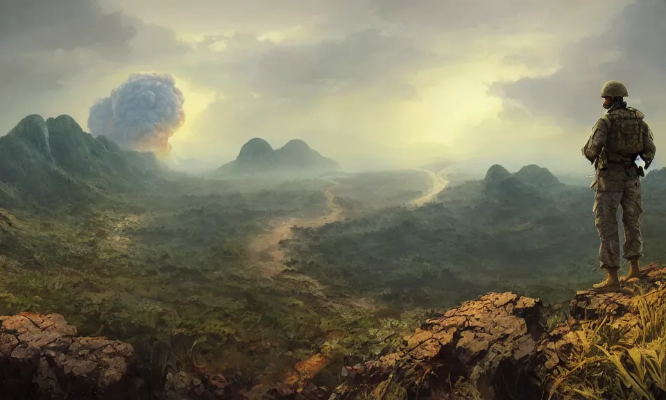 Image similar to Futuristic matte painting of a US soldier in the Vietnam War looking at a nuclear explosion at the distance at a cliff, forest, volumetric light scattering, highly detailed, digital art, Andreas Rocha, Greg Rutkowski, Darek Zabrocki, ArtStation, CGSociety, Unreal Engine, 4K, 8K