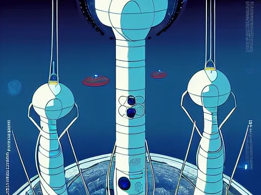 Prompt: a scifi illustration, hyper detailed external view of a space elevator. cinematic wide angle composition. flat colors, limited palette in FANTASTIC PLANET La planète sauvage animation by René Laloux