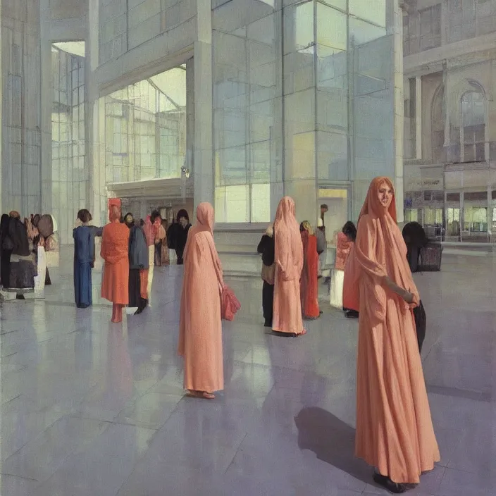 Image similar to woman in translucent robes, short skirt, in magnificent shopping mall, oil painting by edward hopper, zdislav beksinski, wayne barlowe