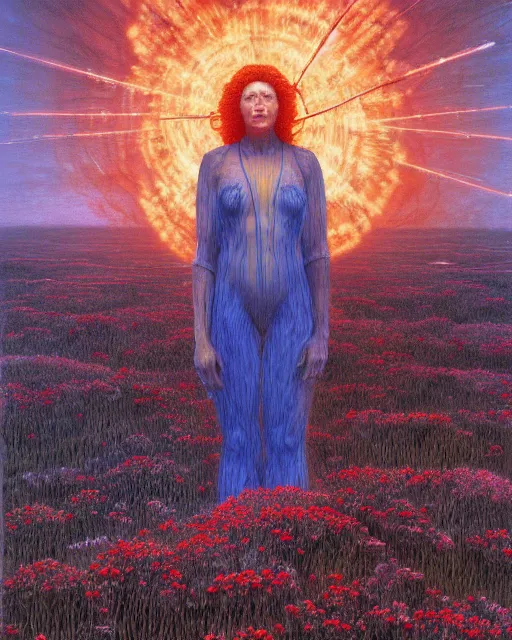 Image similar to A portrait of a woman wearing clothes made out of dying flowers, nuclear explosion in the background, Masterpiece, blue skin, glowing, wires everywhere, by Edgar Maxence and Ross Tran, Zdzisław Beksiński, and Michael Whelan, distant, gustav dore, H.R. Giger, 8k, octane render