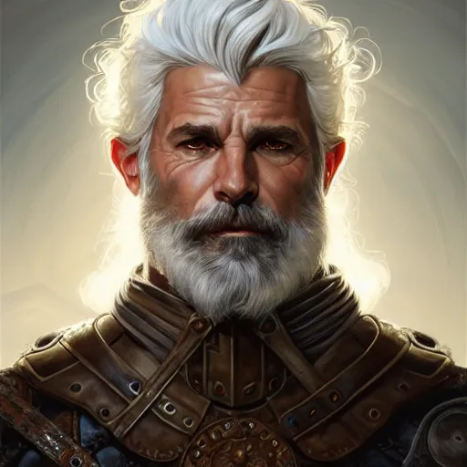 Image similar to portrait of a ruggedly handsome paladin, white hair, muscular, half body, leather, hairy, d & d, fantasy, intricate, elegant, highly detailed, digital painting, artstation, concept art, smooth, sharp focus, illustration, art by artgerm and greg rutkowski and alphonse mucha