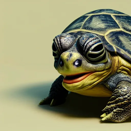 Image similar to Hyperrealistic uncanny valley Turtle in the style of Unreal Engine, hard surface, textured, slimy