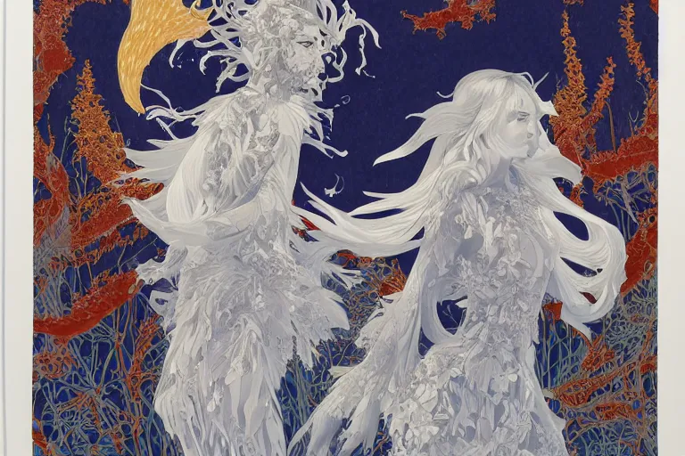 Image similar to werewolf portrait, phoenix in fire, orthodox saint, amalgamation of leaves and flowers. balenciaga, intricate complexity. matte paper, cut paper texture. by Jeffrey Catherine Jones, James jean, Miho Hirano, Hayao Miyazaki, coarse gritby. Full of light-blue and silver and white layers. Exquisite detail 8K