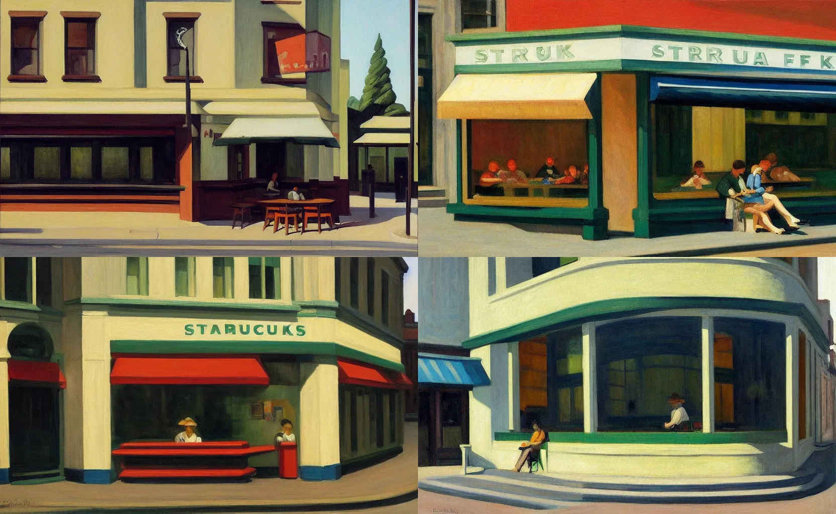 Prompt: the exterior of a Starbucks, painting by Edward Hopper