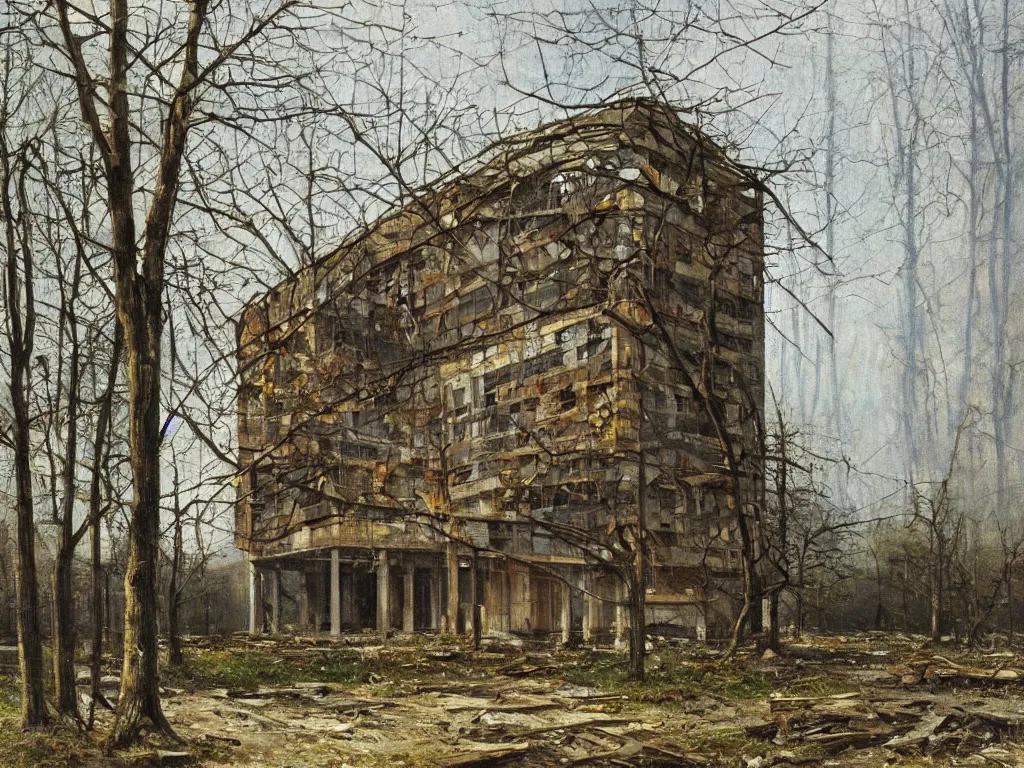 Prompt: A beautiful painting of a dilapidated post-modern building in the wood, by Paul Gustav Fischer, Trending on artstation, very detailed