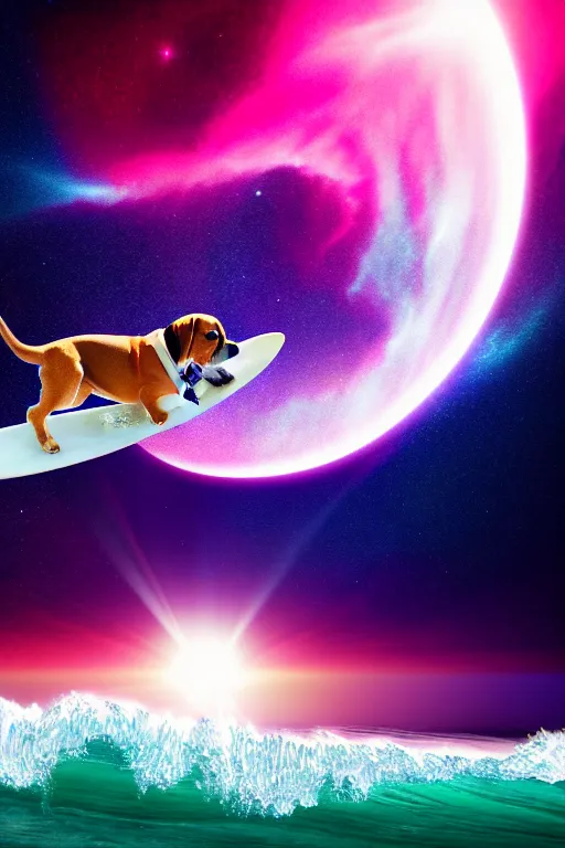 Image similar to beagle dog surfing a surfboard on a sparkly crashing wave of stardust in space, background is a moon in nebula, octane render, unreal engine, wide view, 8 k, highdetaild