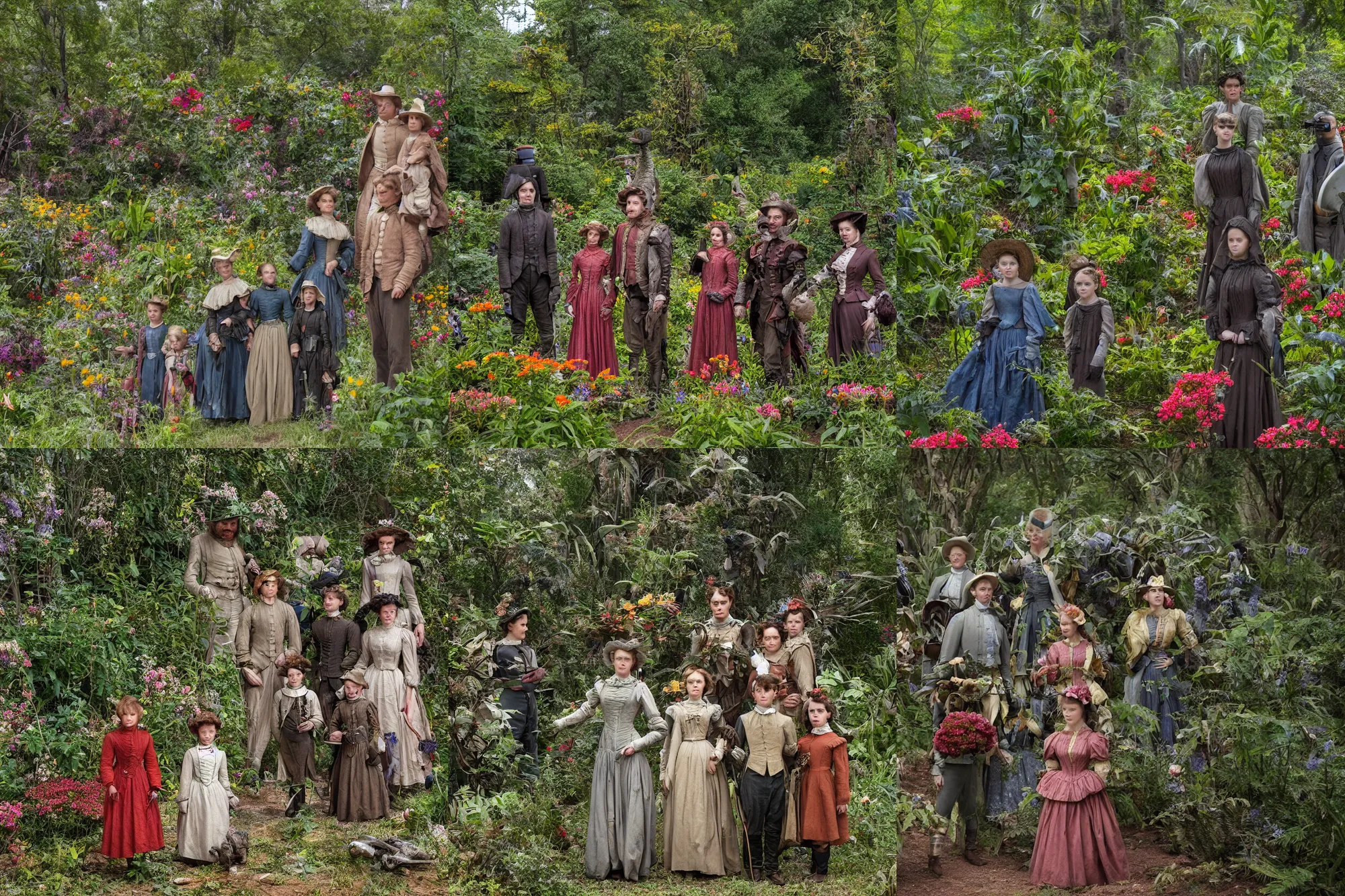 Prompt: sharp, highly detailed, 43456k film, 161800mm film still from a sci fi blockbuster color movie made in 2019, set in 1860, of a family standing in a park, next to some strange alien plants and flowers, on an alien planet, the family are all wearing 1860s era clothes, good lighting, ultra high definition, in focus, 35mm macro lens, enhance faces