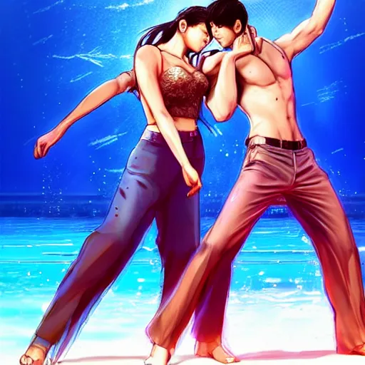 Image similar to semi realistic portrait Salsa Dancing inside clear blue ocean water in blade and soul spinoff by Hyung-tae Kim and by Artgerm Lau , color overlay, rim light and highlights , Gesture draw, Salsa Social Dance, couple, Salsa tricks, WLOP, Hyung-tae Kim, Rossdraws, Gesture draw, James Jean, Andrei Riabovitchev, Marc Simonetti, and Sakimichan, trending on artstation