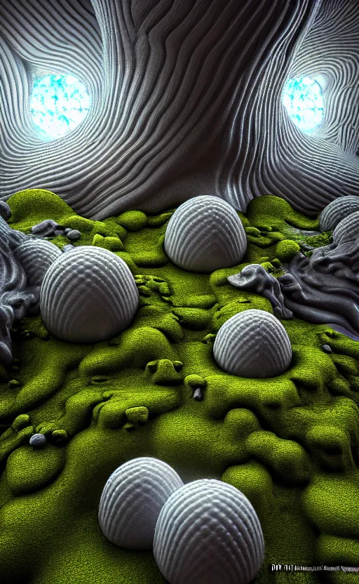 Image similar to highly detailed ultra sharp 3 d render cinematic composition of a smooth ceramic porcelain biomorphic magnolia stone nebula fluid fractal sci - fi surreal architecture landscape, granite, metallic, magnesium, marble, moss and lichen, vincent callebaut composition, mamou - mani, archviz, beautiful lighting, 8 k, unreal engine, hdr,