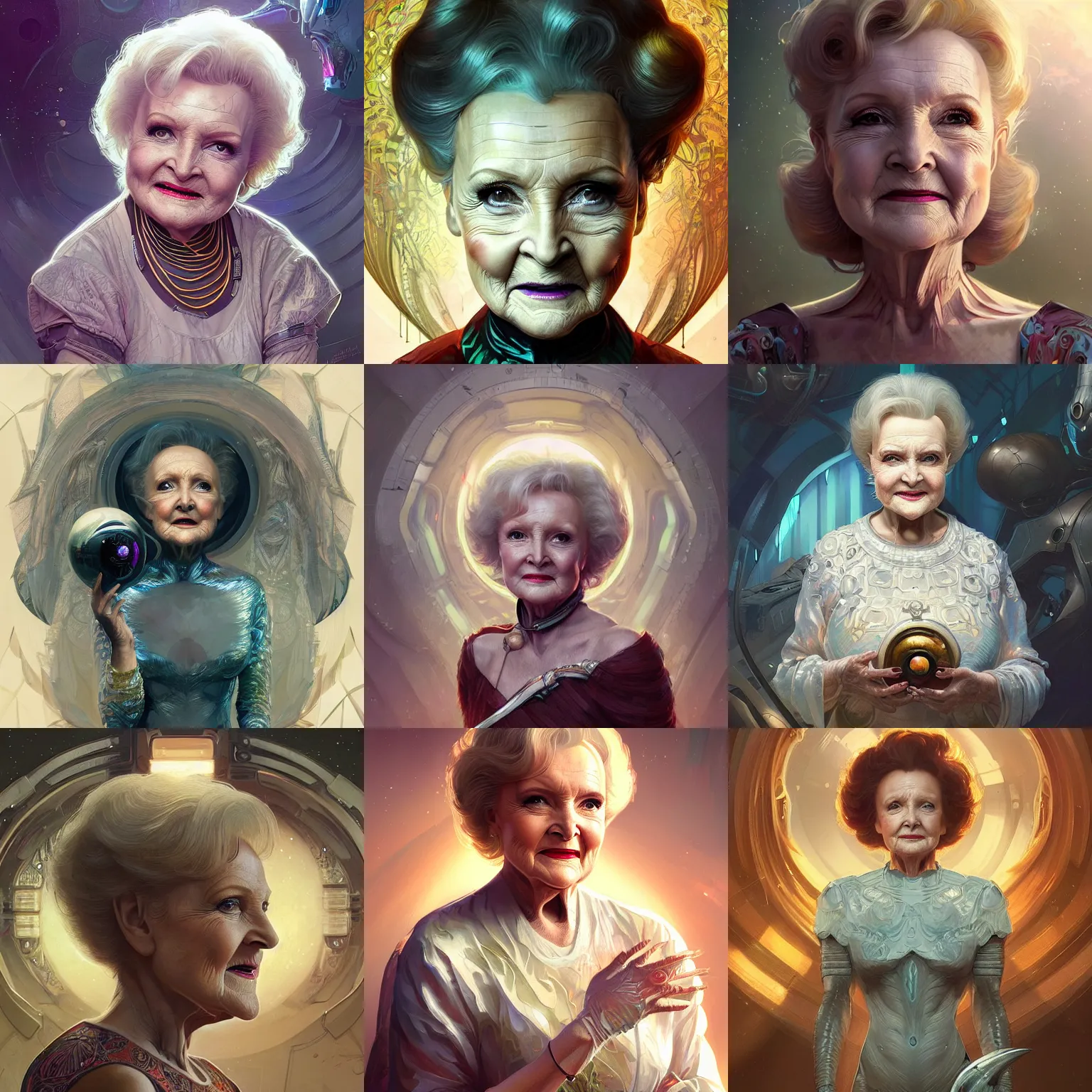 Prompt: a beautiful illustration of alien betty white, intricate, sharp focus, illustration, highly detailed, digital painting, concept art, matte, art by wlop and artgerm and greg rutkowski and alphonse mucha, masterpiece