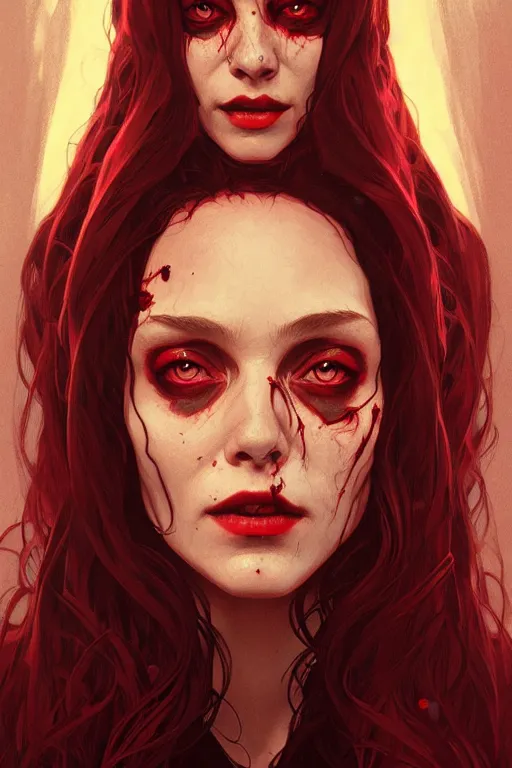 Prompt: a portrait of zombie wanda maximoff ( scarlet witch ), fantasy, sharp focus, intricate, elegant, digital painting, artstation, matte, highly detailed, concept art, illustration, ambient lighting, art by ilya kuvshinov, artgerm, alphonse mucha, and greg rutkowski