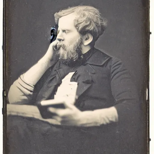 Prompt: a daguerreotype of a man looking at his cell phone.
