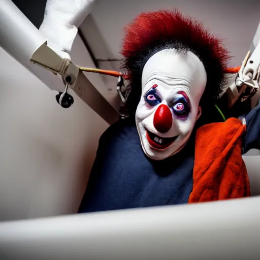 Image similar to delirious elderly clown supine in hospital bed, strapped into bed with restraints, trying to get out but unsuccessful, photograph, 8 k