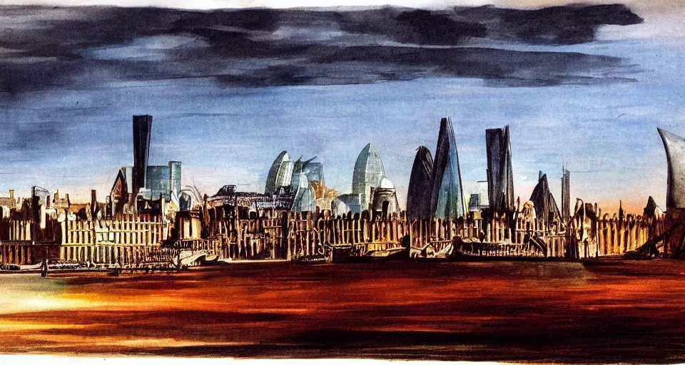 Prompt: color sketch of the london skyline, highly detailed, dramatic lighting, intense shadows, rich deep colours, by salvador dali