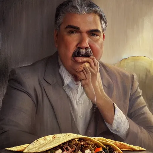 Prompt: epic masterpiece of cinematographic hyperrealism where ruben dario appears as a poet eating a mexican taco. realistic shaded lighting poster by craig mallismo, artgerm, jeremy lipkin and michael garmash, unreal engine, radiant light, detailed and intricate environment, digital art, art station trends