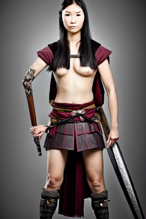 Image similar to full body portrait, thin but strong viking samurai woman, open shirt, 6 pack, symmetrical beautiful face, relaxed pose