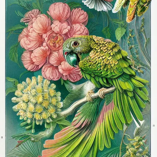 Image similar to beautiful elegant ernst haeckel!!!! illustration of many green cheek conures!!!!!! and flowers, ( green cheek conure ) ( green cheeked parakeet ) ( pyrrhura molinae )