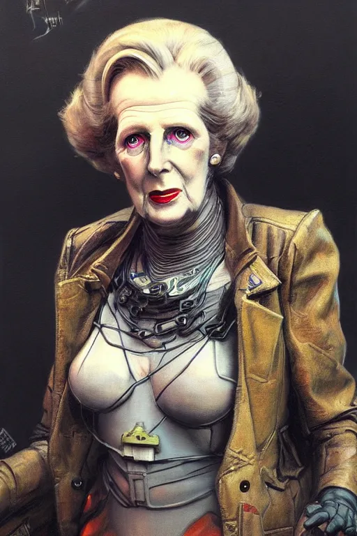 Prompt: cyberpunk margaret thatcher, character design, painting by gaston bussiere, katsuya terada, frank frazetta, tom of finland, trending on artstation