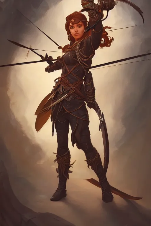 Image similar to beautiful female archer, full body shot, long hair, d & d, fantasy, intricate, elegant, highly detailed, digital painting, artstation, concept art, matte, sharp focus, illustration, hearthstone, art by artgerm and greg rutkowski and alphonse mucha