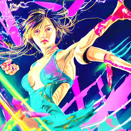 Prompt: high detailed, art by Naoyuko Kato: (subject = girl + subject detail=throwing a high kick in the air, futuristic, high facial details) + (background= bright color splashes and lazer lights in a dark background)