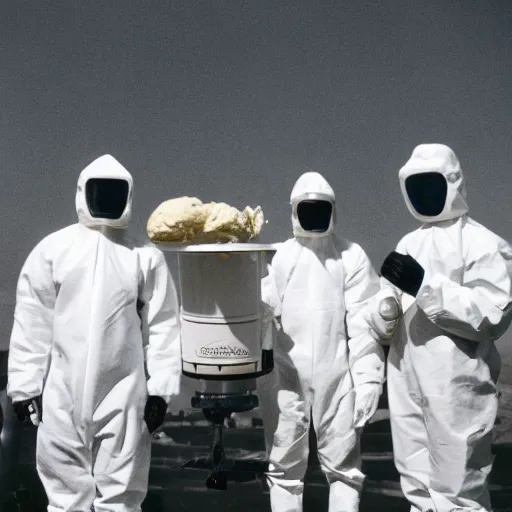 Prompt: a group of men wearing hazmat suits, holding ice cream cones, sunny day, arriflex 35