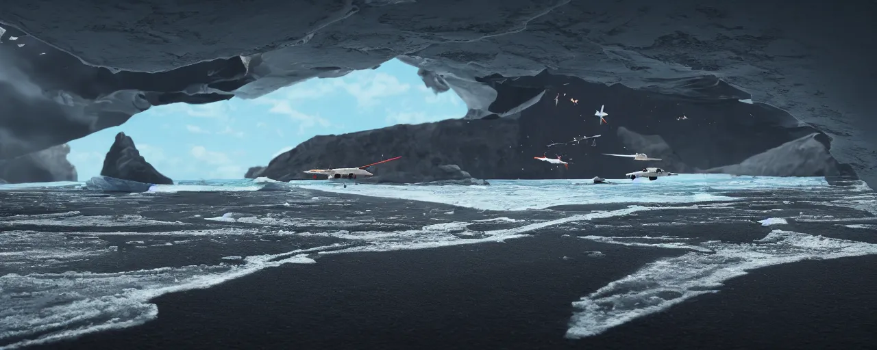 Prompt: matte painting of military spacecraft crashing into a black sand beach with icebergs in the distance, trending on artstation, octane render, hd, 8 k